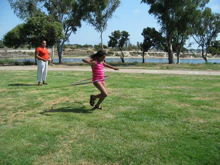 Mari is winning the hula hoop race!